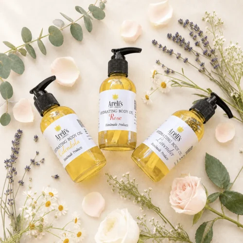 Areli’s hydrating body oils in Calendula, Rose, and Lavender surrounded by fresh botanicals.